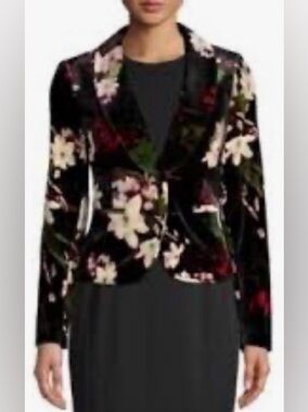 Vtg Calvin Klein Floral Velvet Jacket - Black with Pink & Green One-Button 20W